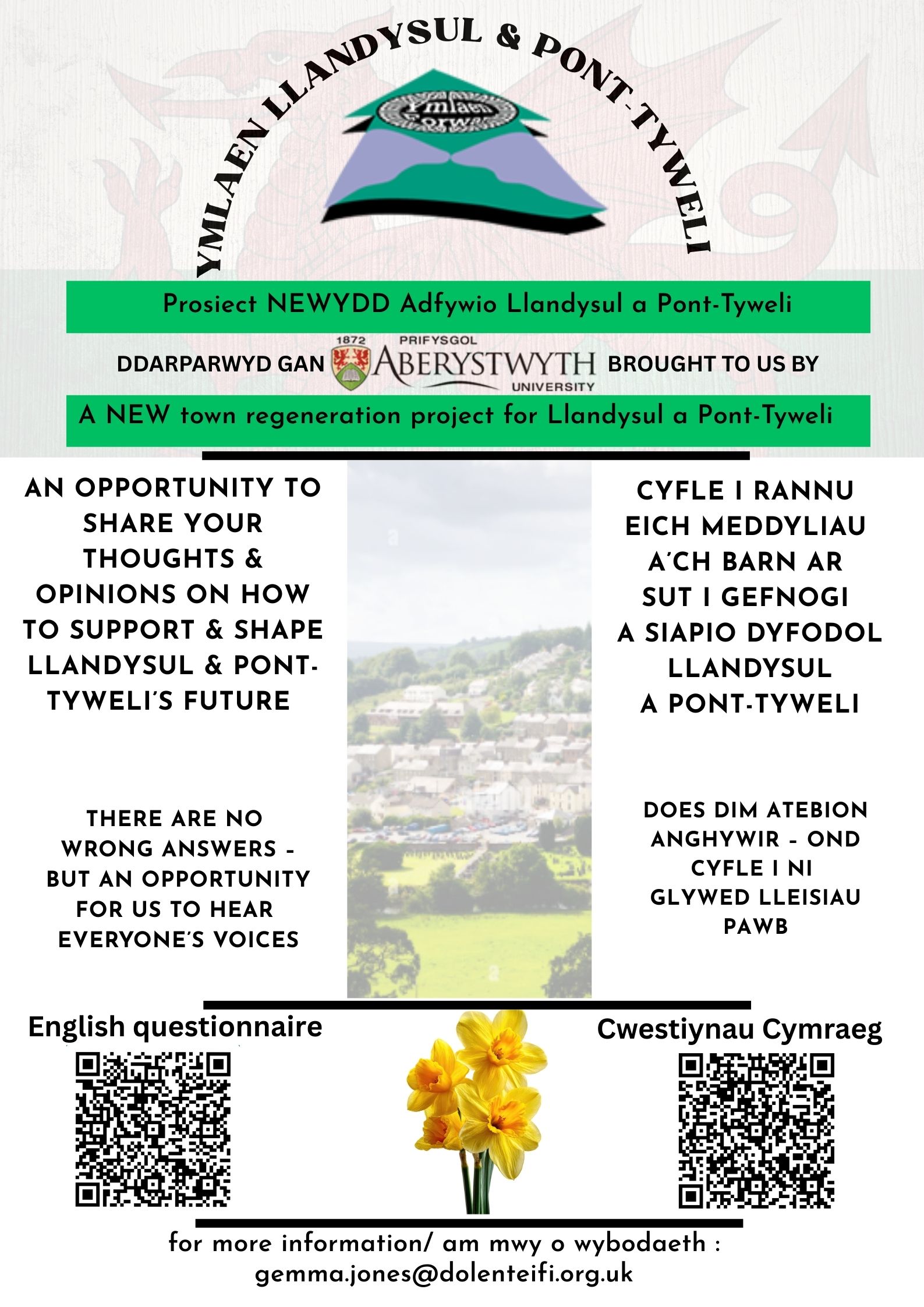 poster asking for people to share their opinions on the future of Llandysul and Pont-Tyweli